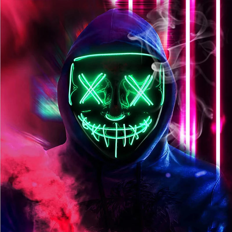 LED Light-Up Neon Wire Purge Mask – 3-Mode Halloween Horror Cosplay Mask for Adults