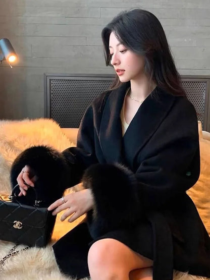 Elegant Lace-Up Woolen Short Coat with Furry Trim