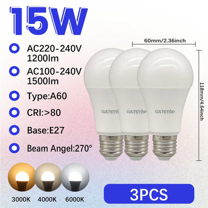 High-Efficiency Energy Saving LED Light Bulb – E27/B22 Base (15W / 3000K–6000K)