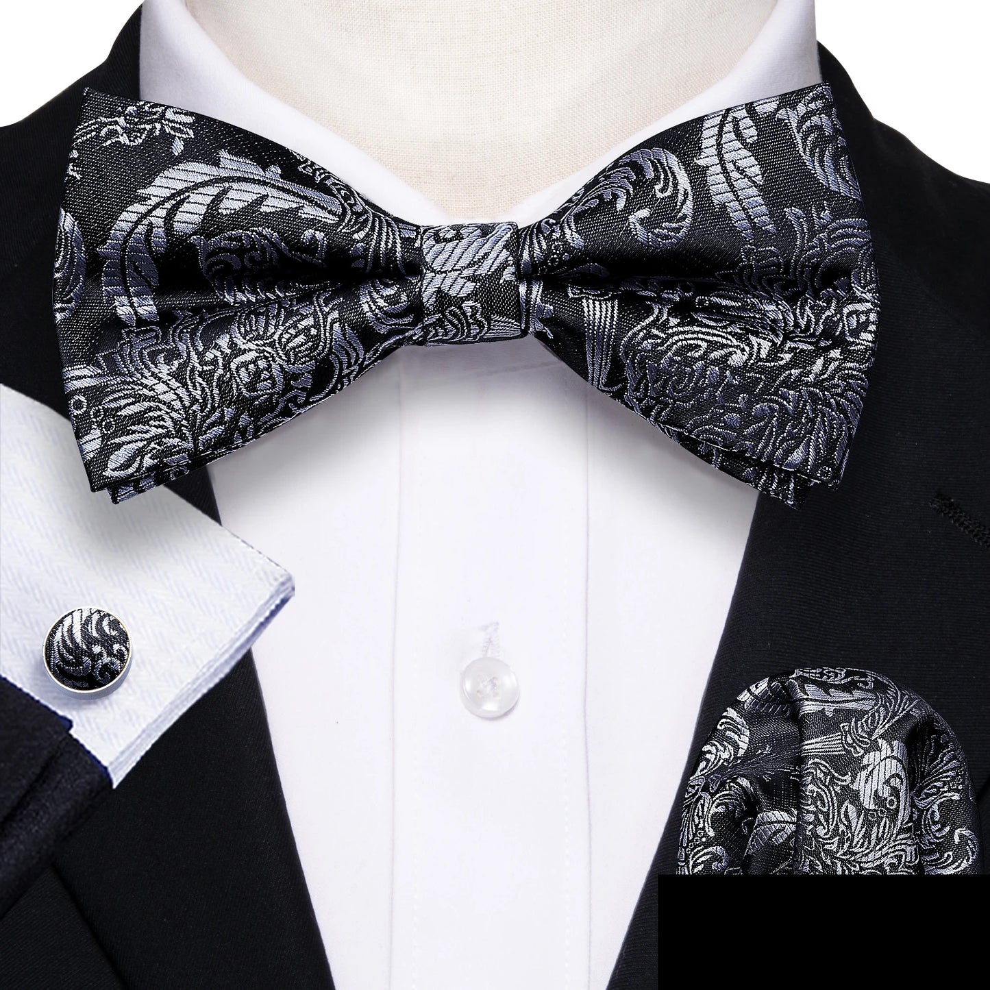 Barry.Wang Silk Bow Tie Hanky Cuffs Set