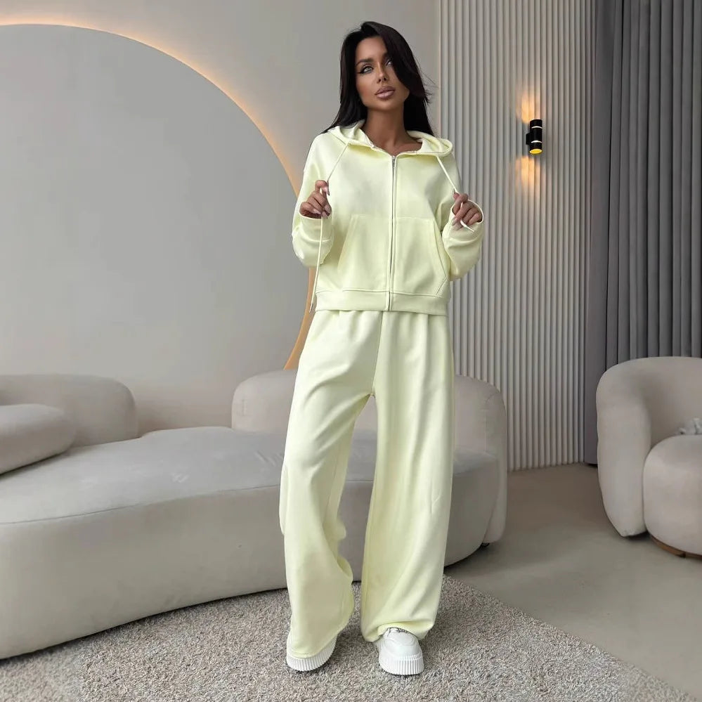 Women's Hooded Zipper Sweatshirt & Wide-Leg Pants Set