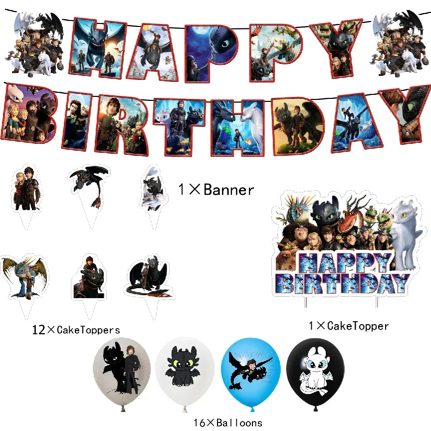 How to Train Your Dragon Party Decorations Set - Foil Balloons, Birthday Banner & Cake Toppers