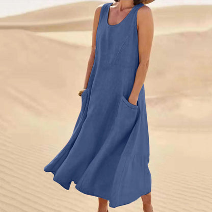 Cotton Linen Sleeveless Double Big Pocket Loose Dress