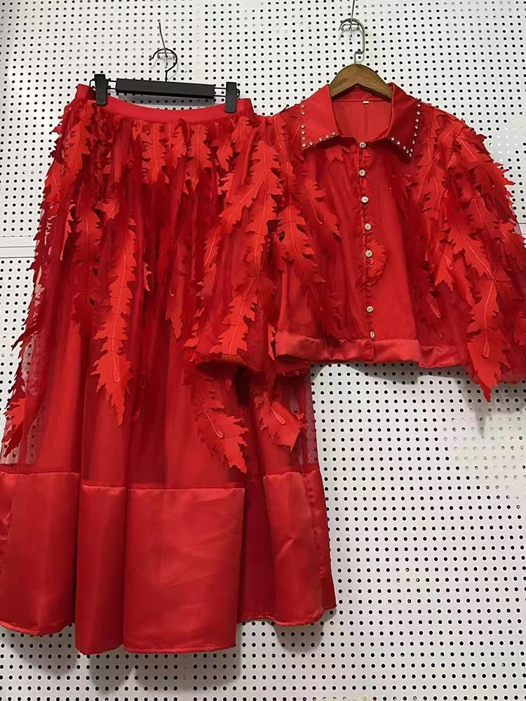 Women's Elegant 2-Piece Puff Sleeve Top & Rhinestone Waist Fluffy Skirt Set