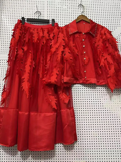 Women's Elegant 2-Piece Puff Sleeve Top & Rhinestone Waist Fluffy Skirt Set