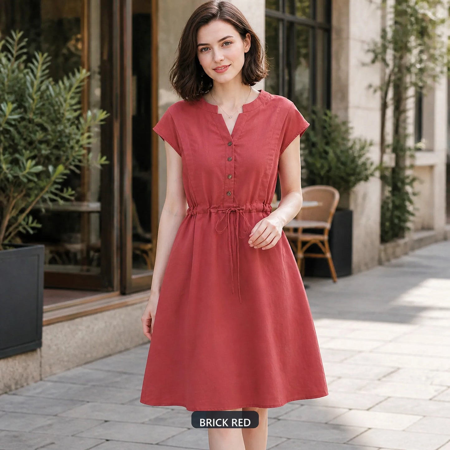 Women's Summer Cotton Linen Short Sleeve Button-Down A-Line Dress