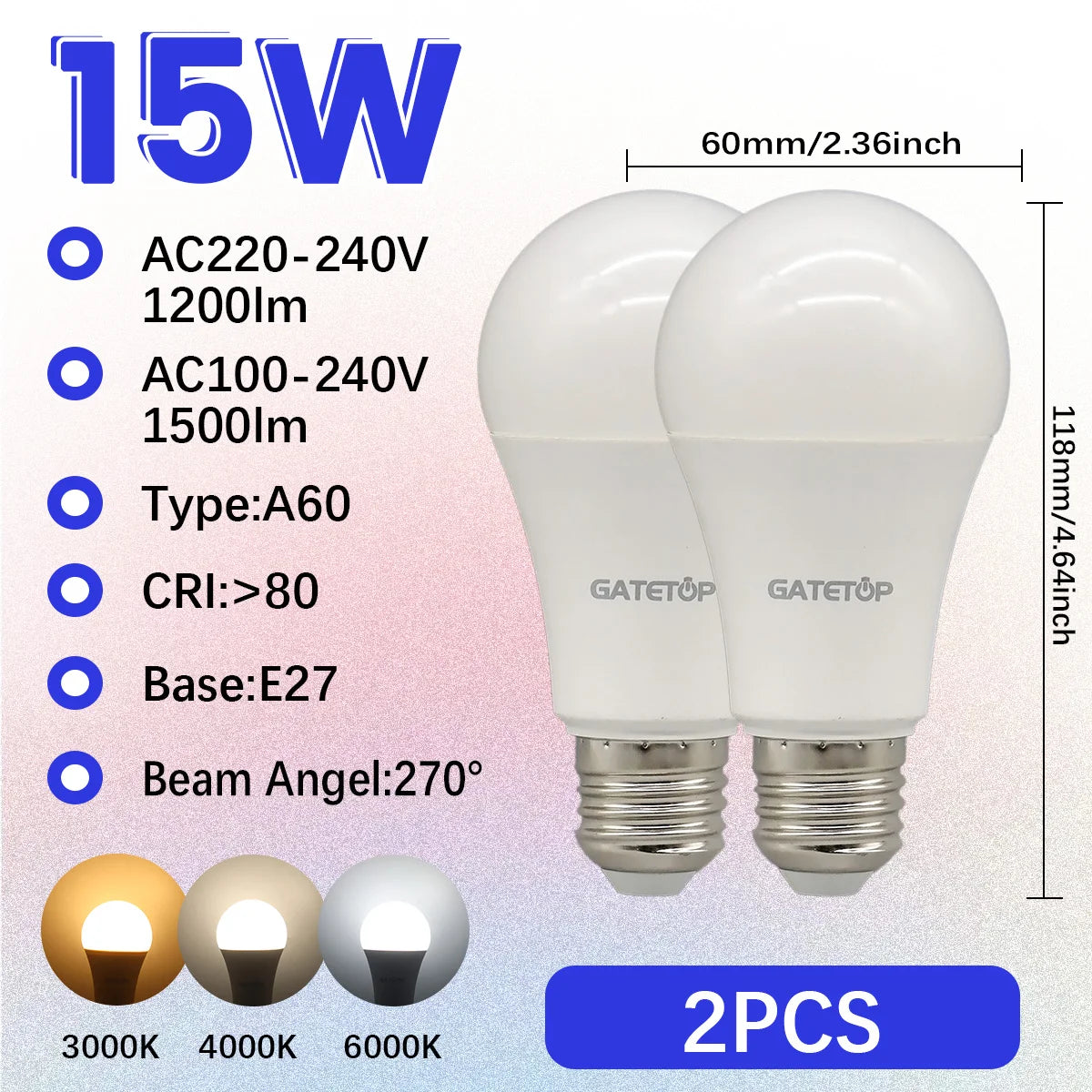 High-Efficiency Energy Saving LED Light Bulb – E27/B22 Base (15W / 3000K–6000K)