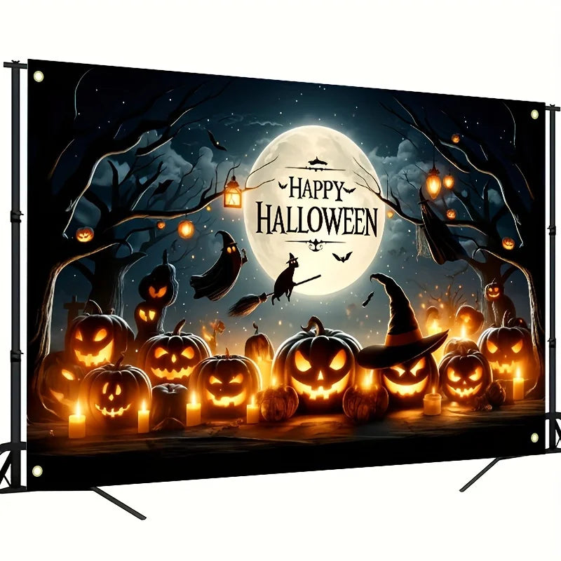 Art Deco Halloween Wall Banner Backdrop with Pumpkins, Witches, and Bats