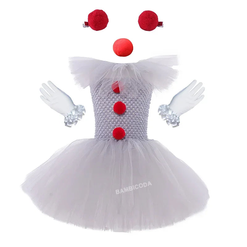 Girls' Pennywise Halloween Costume Dress Set - Creepy Clown Tutu Outfit for Kids