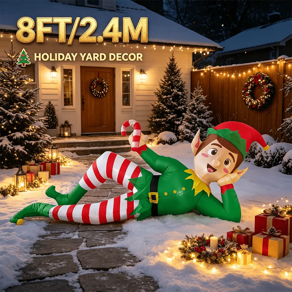 8FT Christmas Inflatable Lying Elf with Candy Cane