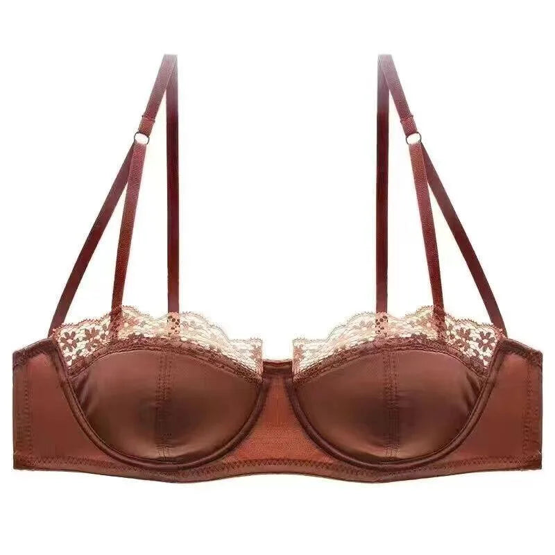 Satin Half-Cup Underwire Bra & Lace Trim Lingerie Set