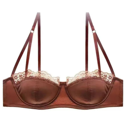 Satin Half-Cup Underwire Bra & Lace Trim Lingerie Set