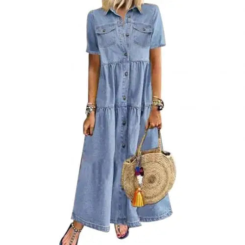 Women's Loose Denim Maxi Shirt Dress with Pockets & Lapel Collar