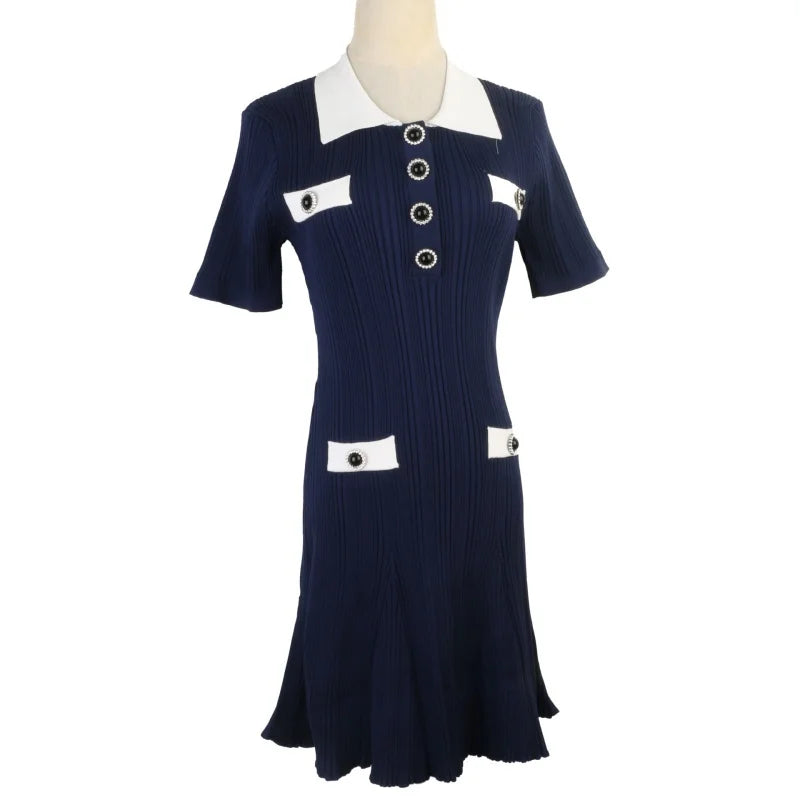 French Elegant Color Block Collar Short Sleeve Dress
