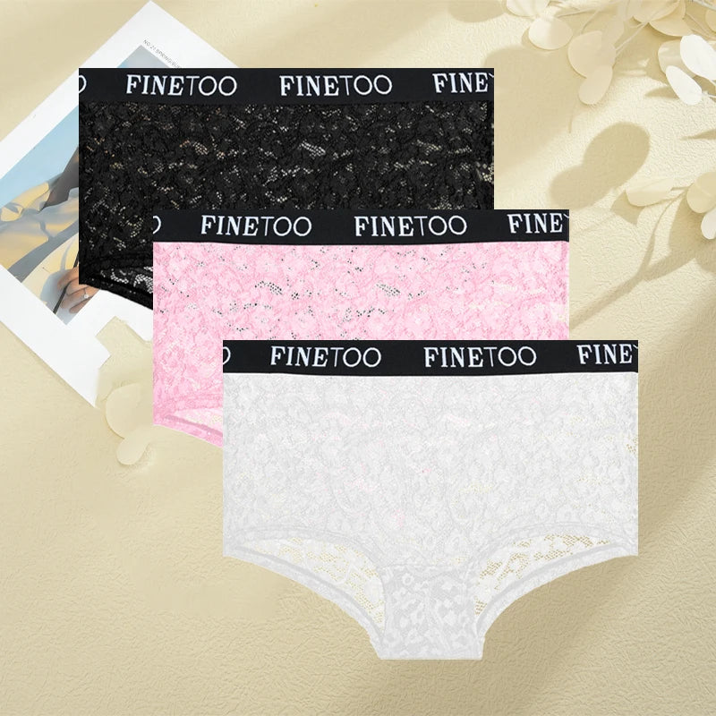 FINETOO Women's Lace Boyshort Panties Set - High-Waist Transparent Mesh Briefs