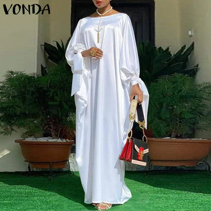 Women’s Long Sleeve Satin Maxi Dress – Vintage Floral Print Boho Sundress