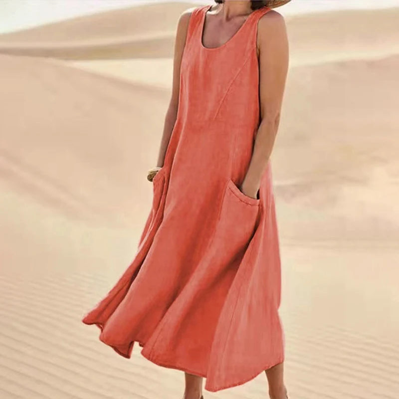 Women's Summer Cotton Linen Sleeveless Loose Maxi Dress with Pockets