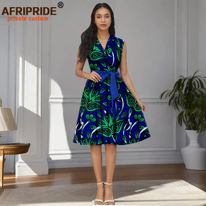 Designer Print Sleeveless High Waist Dress with Sash
