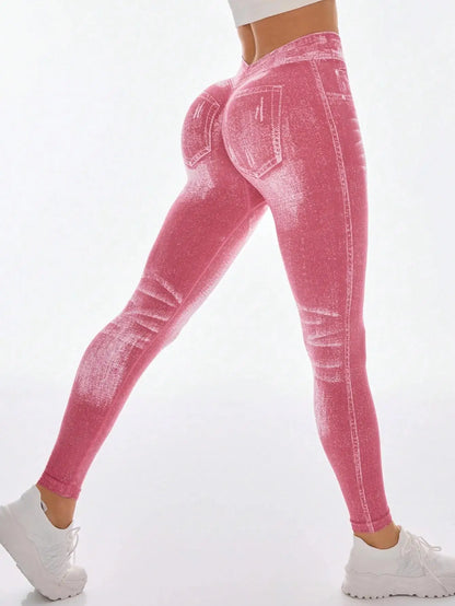 V Back Faux Denim Butt-Lifting Jeggings