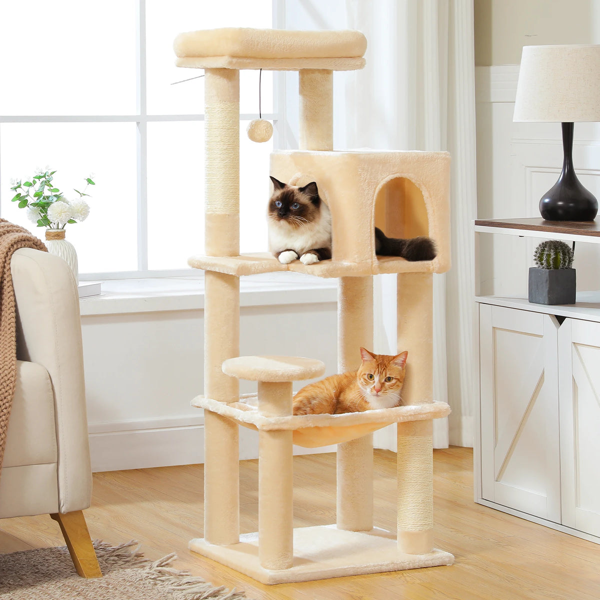 PEQULTI 5-Level Cat Tree Tower (113 cm) with Sisal Scratching Posts, Condo & Hammock
