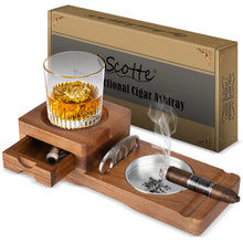 Whiskey Glass Tray & Wooden Ash Tray with Cigar Cutter Drawer and Cigar Slot