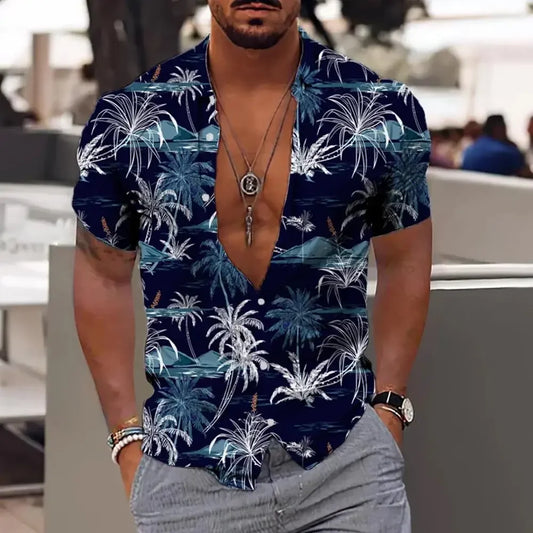 3D Plant Print Quick-Dry Short Sleeve Shirt