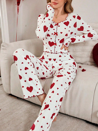 Heart Print 2Pces Pajamas Set
