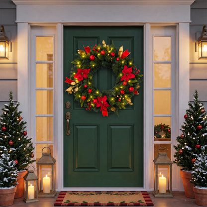 24-Inch Pre-Lit Christmas Wreath with Red Poinsettias & LED Lights