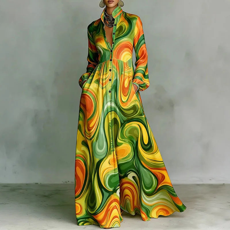 Women's Retro Print High-Waist Boho Shirt Dress