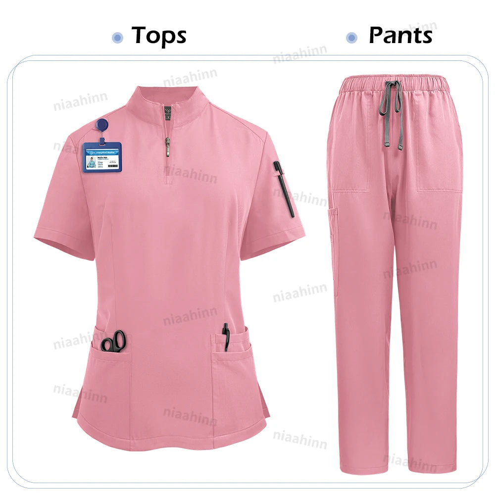 NiaaHinn Women's Stretch V-Neck Scrub Top & Cargo Pants Set