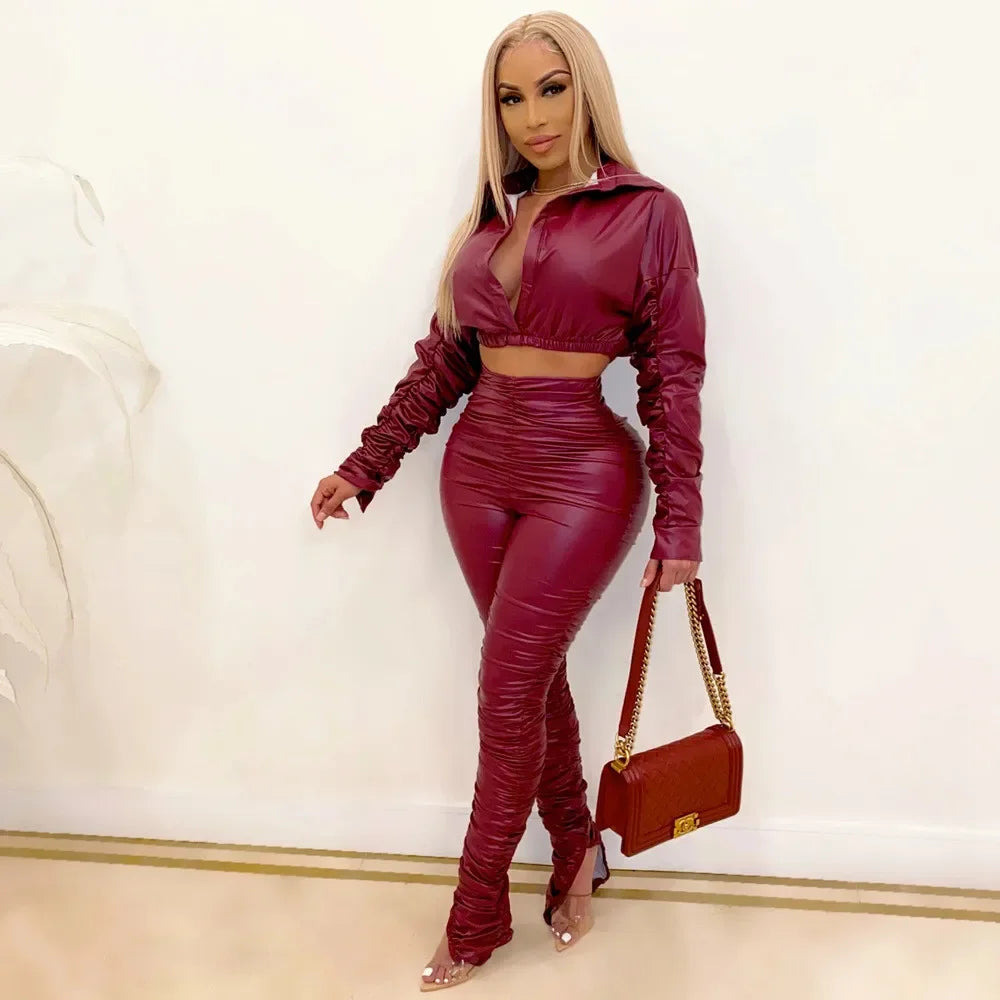 Faux Leather long Sleeve Crop Top and Pants Two Piece Set