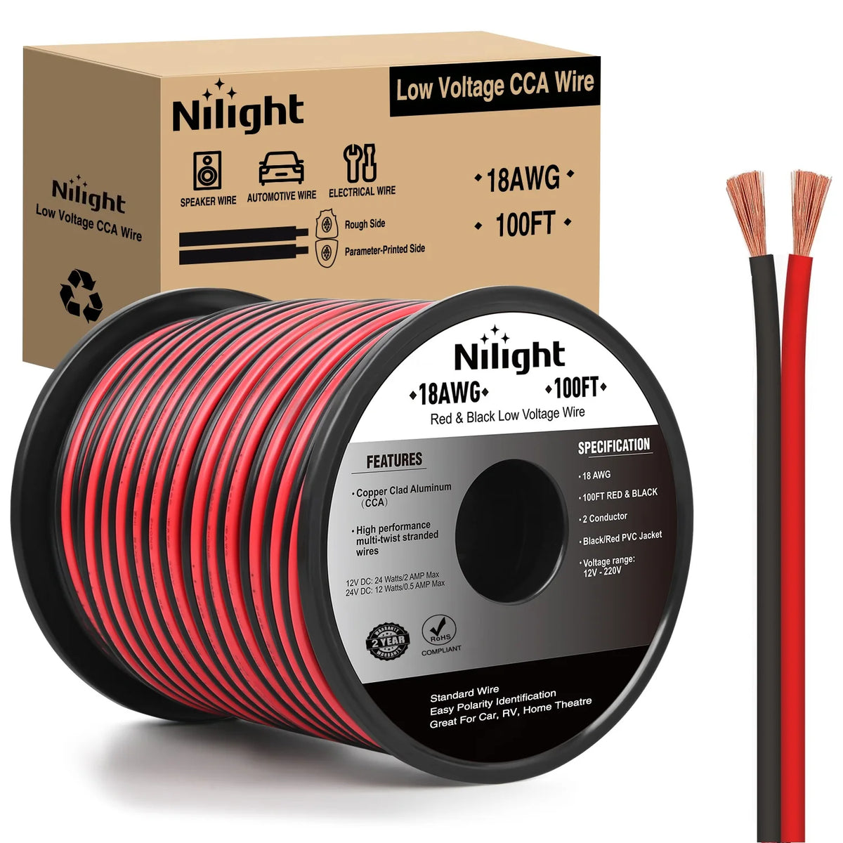 Nilight 100FT Copper Clad Aluminum Wire - Red/Black 2-Conductor 12V/24V DC Extension Cable