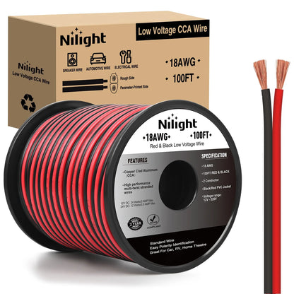 Nilight 100FT Copper Clad Aluminum Wire - Red/Black 2-Conductor 12V/24V DC Extension Cable