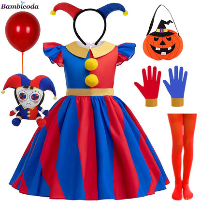 Girls' Digital Circus Pomni Cosplay Costume Set - Red & Blue Clown Dress Outfit for Kids