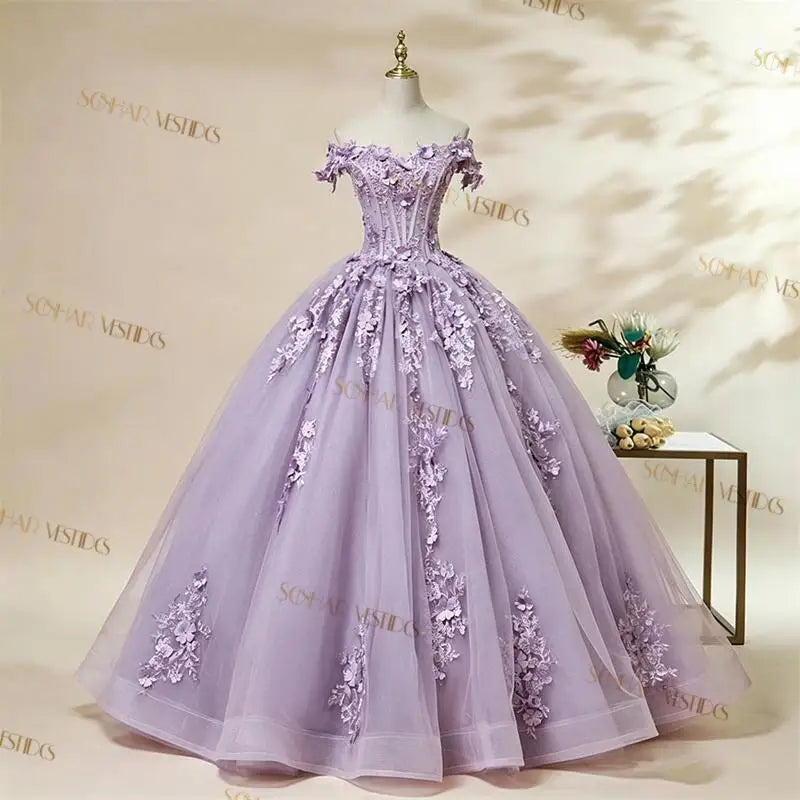 Off-The-Shoulder Floral Applique Quinceañera Ball Gown