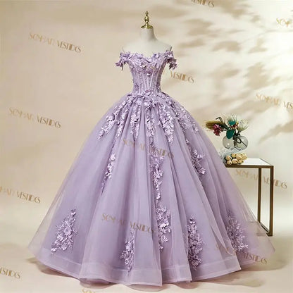 Off-The-Shoulder Floral Applique Quinceañera Ball Gown