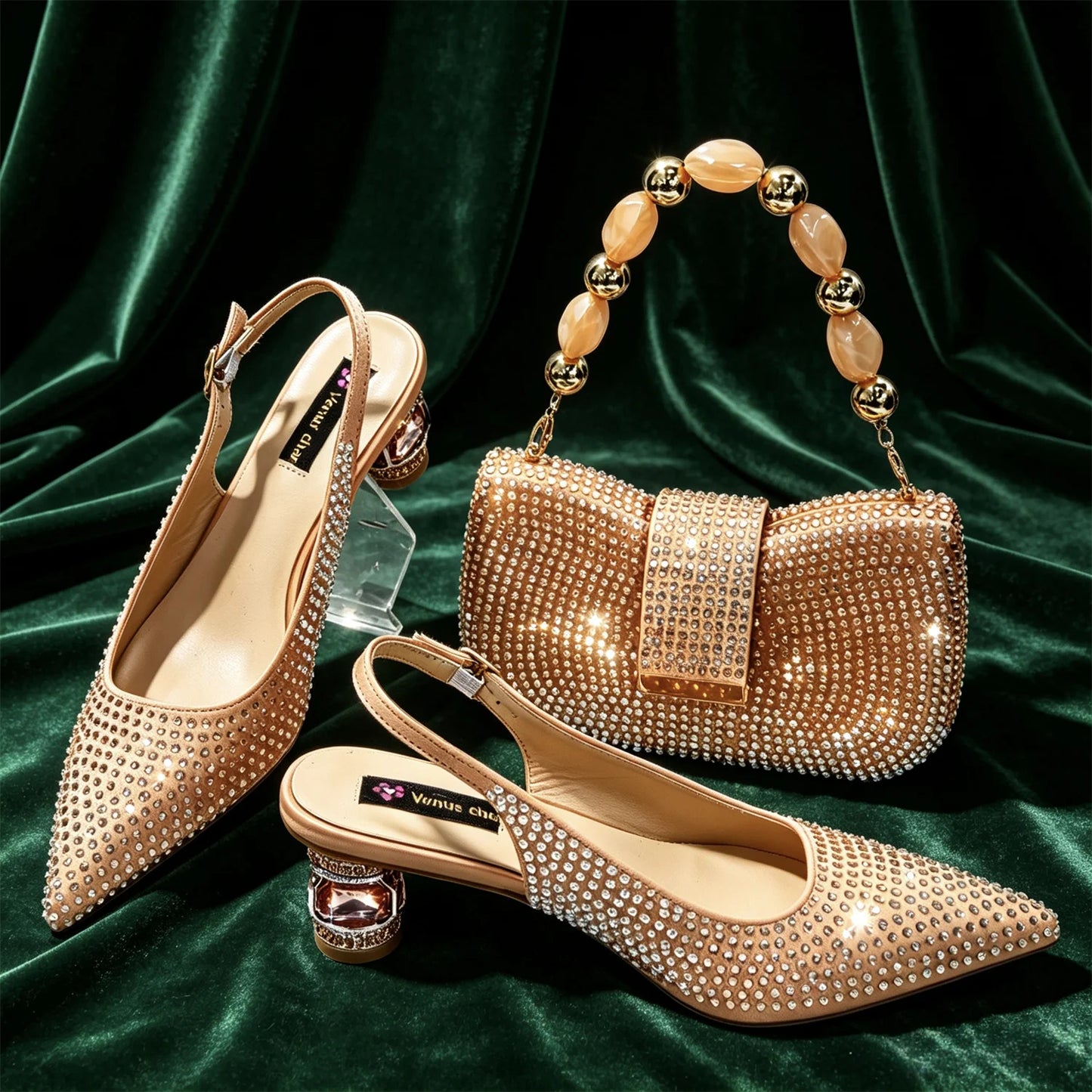 Emerald Green Rhinestone High Heels & Matching Handbag Set