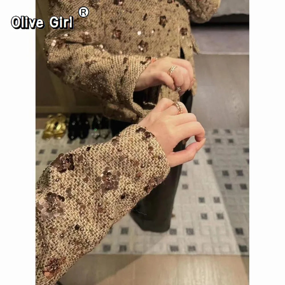 Women's Elegant Sequined Single-Breasted Crop Jacket Coat