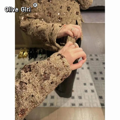 Women's Elegant Sequined Single-Breasted Crop Jacket Coat