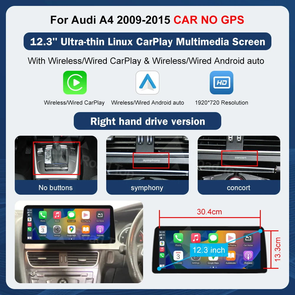 Road Top 8.9" / 12.3" Touchscreen Multimedia Display for Audi A4 S4 (2009–2015) with Wireless CarPlay & Android Auto
