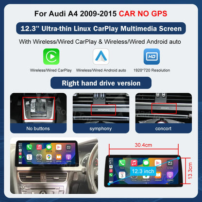Road Top 8.9" / 12.3" Touchscreen Multimedia Display for Audi A4 S4 (2009–2015) with Wireless CarPlay & Android Auto