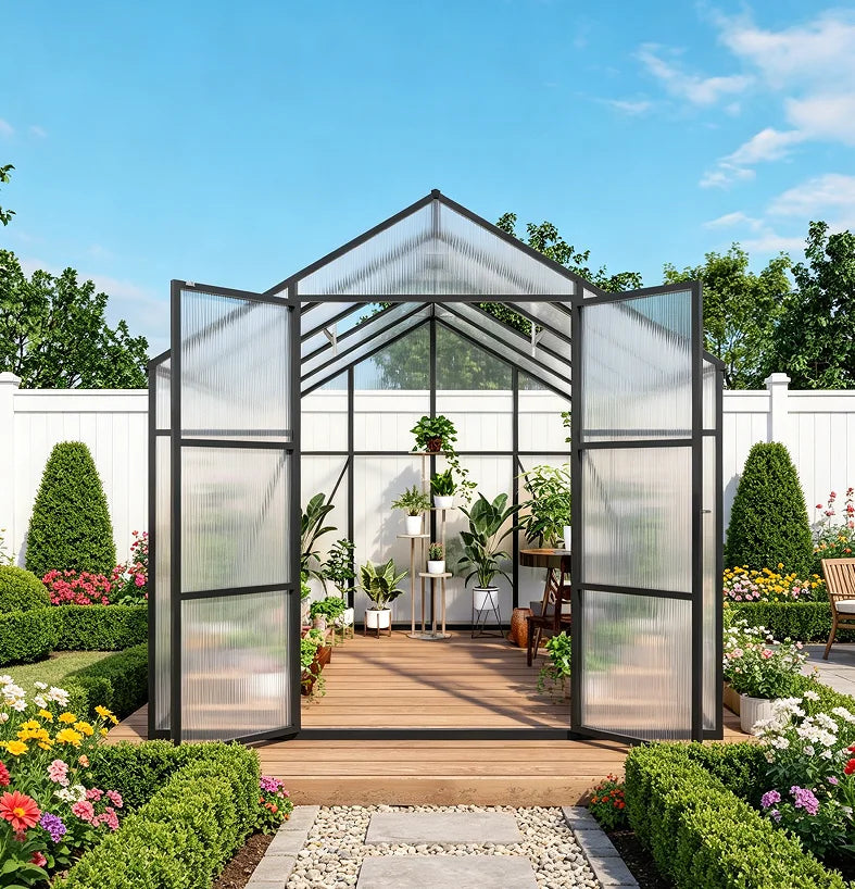 SUSUA 8x10FT Polycarbonate Raised Base and Anchor Aluminum Heavy Duty Greenhouse