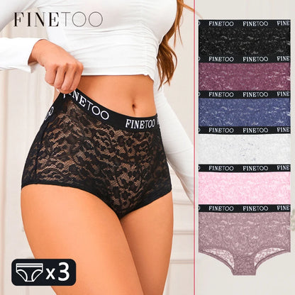 FINETOO Women's Lace Boyshort Panties Set - High-Waist Transparent Mesh Briefs