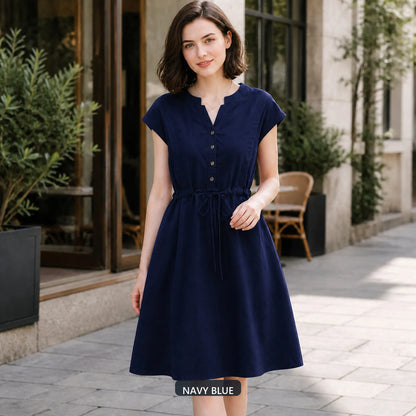 Women's Summer Cotton Linen Short Sleeve Button-Down A-Line Dress