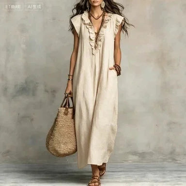 Women's Boho V-Neck Sleeveless Ruffle Solid Color Maxi Dress