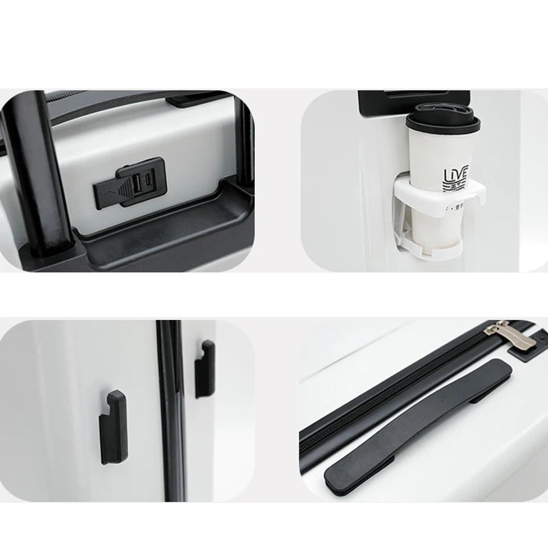 Multi-Functional Silent Wheel Suitcase with USB Charging Port Cup Holder & Practical Hook