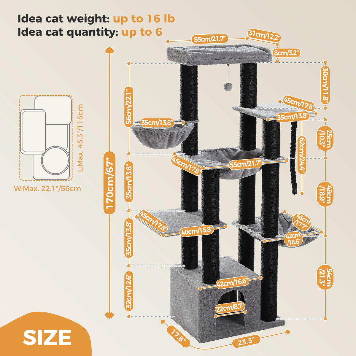 PAWZ Road 67" Multi-Level Heavy-Duty Cat Tree Tower for Large Cats