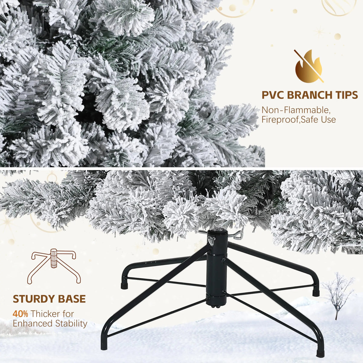 6FT/7.5FT Flocked Artificial Christmas Tree with Snowy Warm White LED Lights - Hinged Fraser Fir Holiday Decor