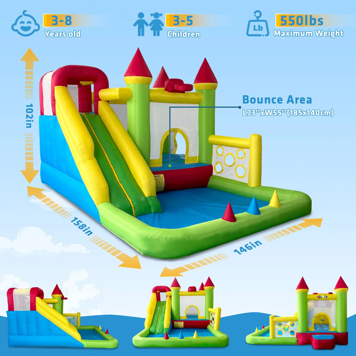 Inflatable Bouncy Castle Bounce House with Slide & Ball Pit Combo
