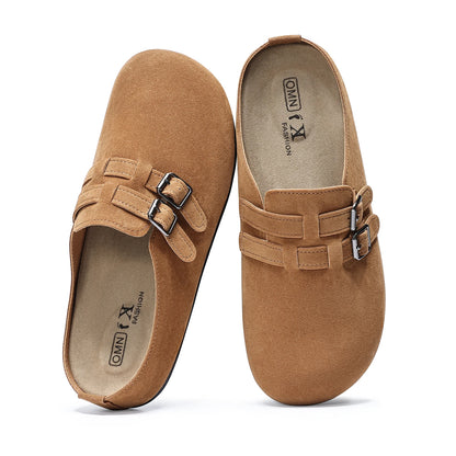 Women’s Suede Cork Footbed Clogs with Adjustable Double Buckle